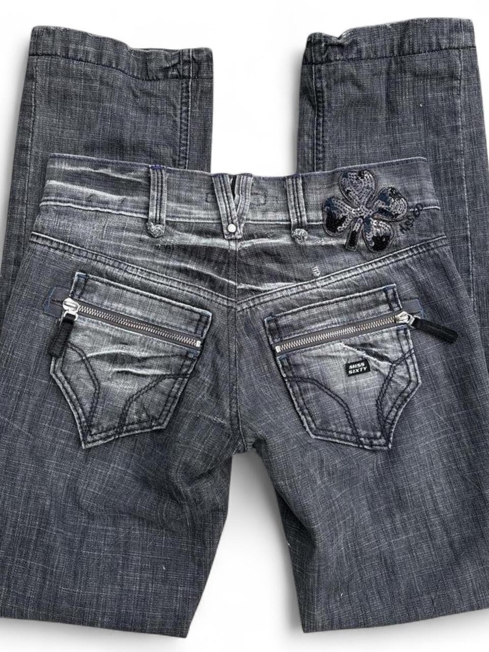 Y2k Miss Sixty Women's Dark Gray Embellished Back-Pocket Jeans